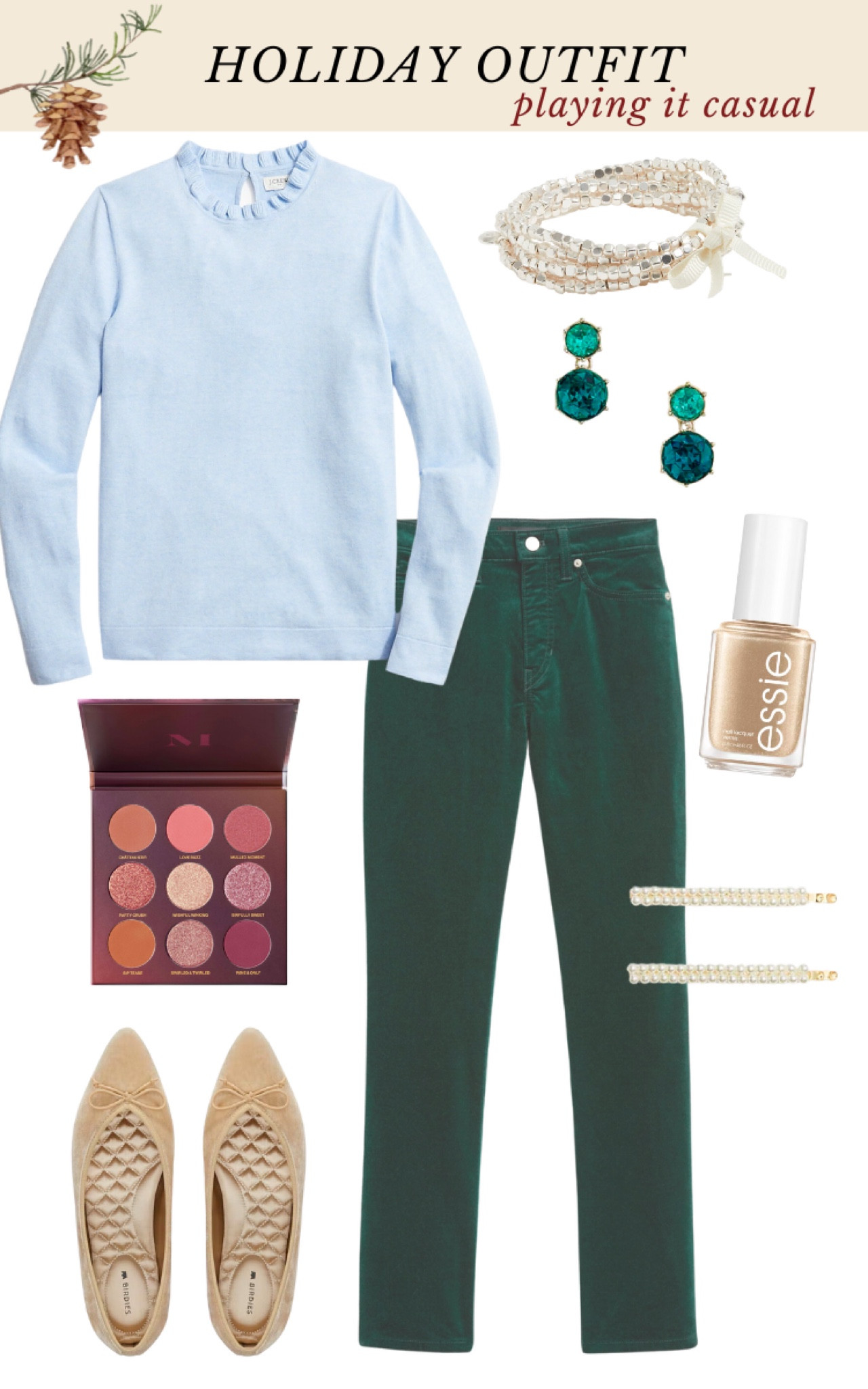 Holiday outfit ideas for casual gatherings. Velvet jeans and ruffle neck sweater with pointy to flats and fun jewelry keep it fun. Add some shimmer with pearl hair pins, colorful earrings, and stretch bracelets 

#LTKSeasonal #LTKstyletip #LTKHoliday