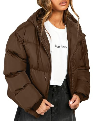 Wyeysyt Women's Cropped Puffer Jackets Winter Warm Lightweight Quilted Jackets Hooded Full Zip Coats with Pockets(Brown-M) | Amazon (US)