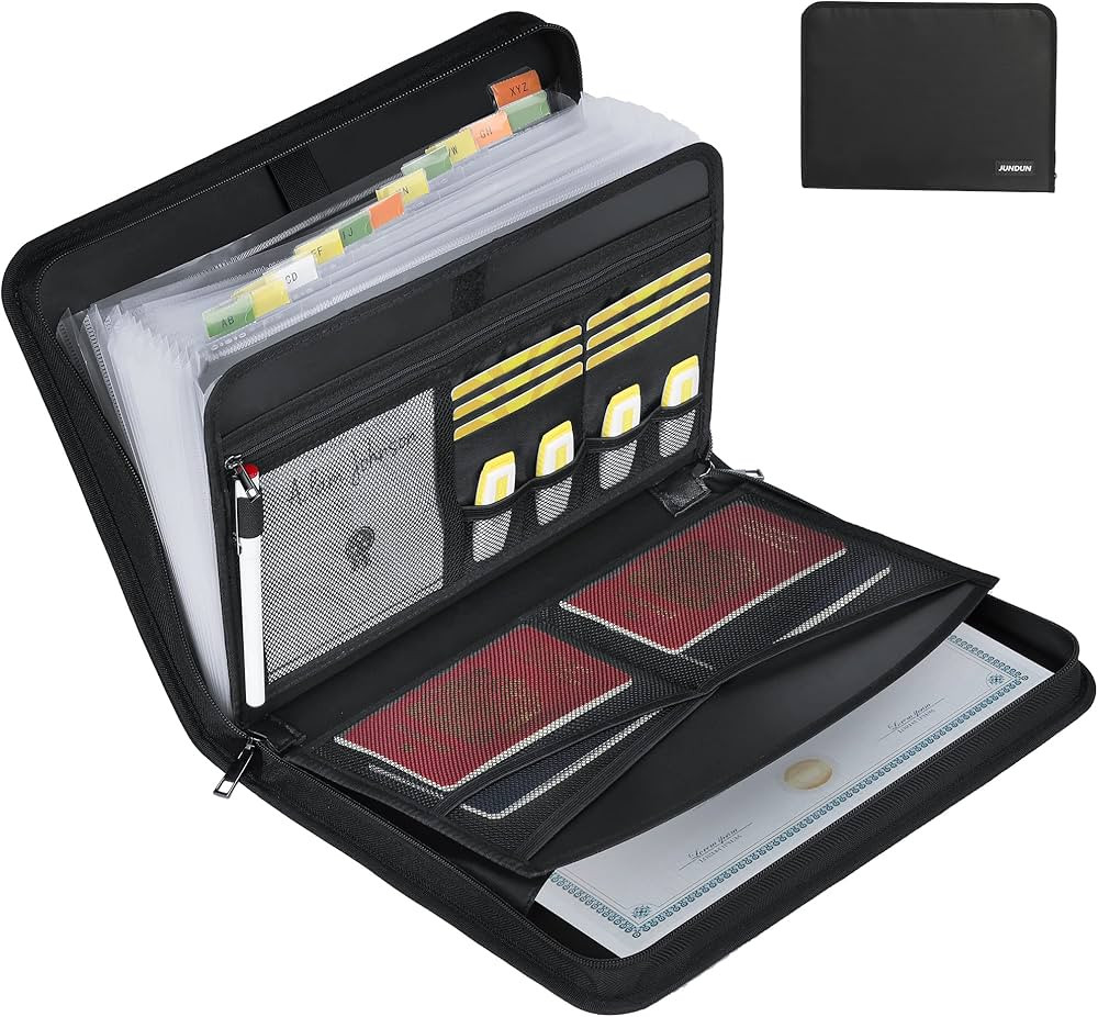 JUNDUN Accordion File Organizer - Fireproof Folder with Zipper & Labels - 12 Pocket Expanding Fil... | Amazon (US)