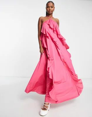 ASOS DESIGN halter tiered ruffle maxi dress in pink - LPINK | ASOS (Global)