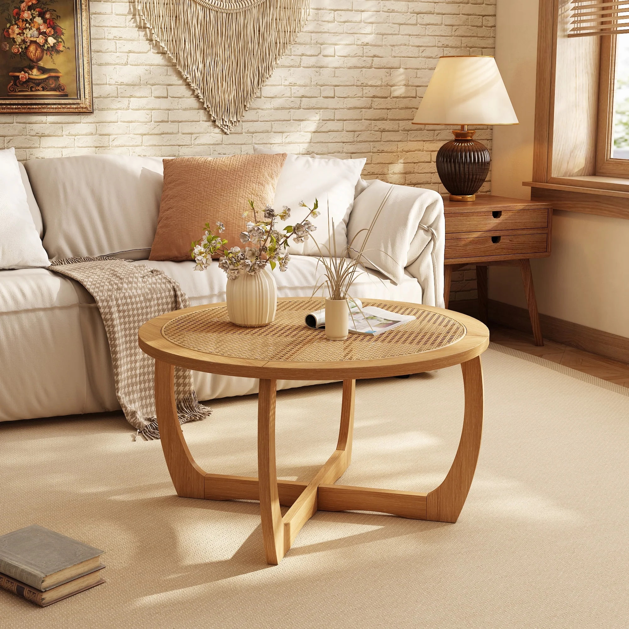 Round Wood Coffee Table with Handmade Rattan Top, Solid Circle Wooden Center Table with Curved Le... | Walmart (US)