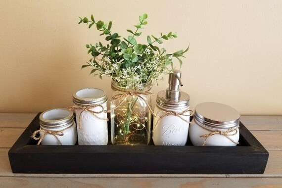 Mason Jar Bathroom Set/Bathroom Organizer/Home Decor/Mason Jar With Light/Painted Mason Jars/Bath... | Etsy (US)