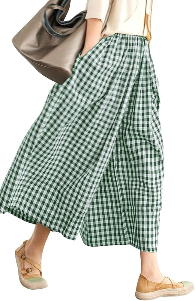 LOMON Womens Wide Leg Capri Pants Cotton Gingham Plaid Culottes Summer Elastic Waist Palazzo Trou... | Amazon (US)
