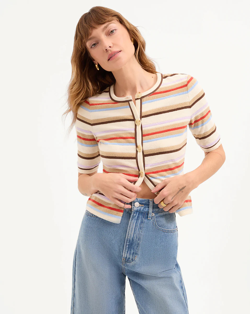 Veronica Beard Brendan Striped Short-Sleeve Cardigan Stone Khaki Multi | Veronica Beard