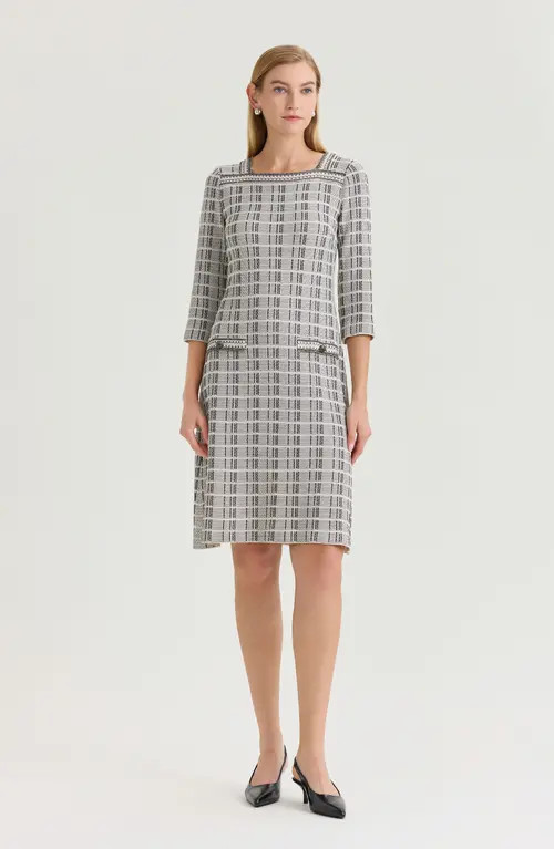 Ming Wang A-Line Contrast Stitch Tweed Knit Dress in Limestone/black/white at Nordstrom, Size Medium | Nordstrom