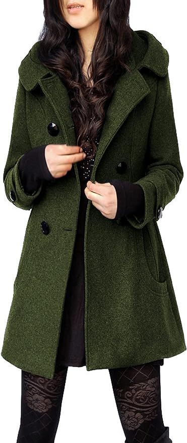 Tanming Women's Warm Double Breasted Wool Pea Coat Trench Coat Jacket with Hood | Amazon (US)
