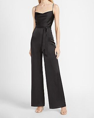 Satin Belted Cowl Neck Wide Leg Palazzo Jumpsuit Black Women's S | Express