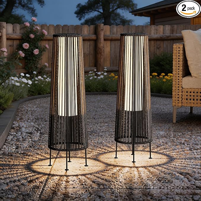 Outdoor Floor Solar Light 2-Pack, Wicker Solar Patio Lamp Waterproof Outside Deck Lamp for Porch,... | Amazon (US)