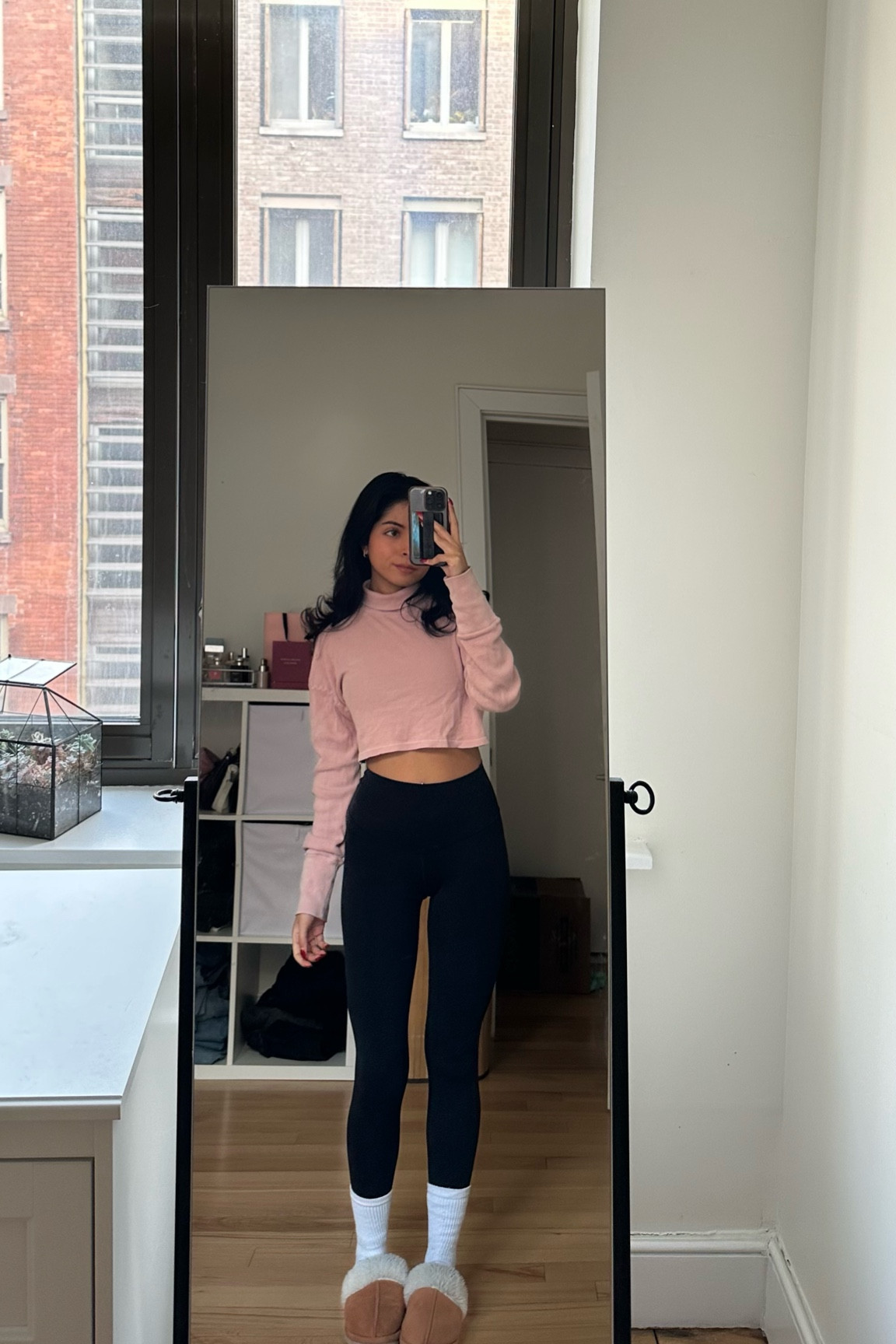 casual wfh outfit | black leggings, pink turtleneck 

#LTKstyletip