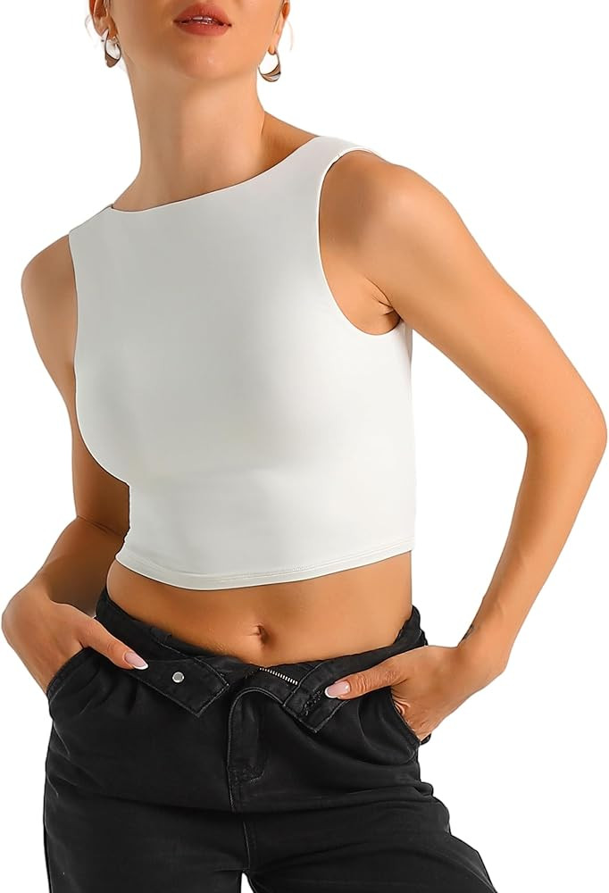 HOYAYO Women's Slim Fit Double-Layer Tank Top Boat Neck Open Back Crop Top Sleeveless Basic Tee S... | Amazon (US)