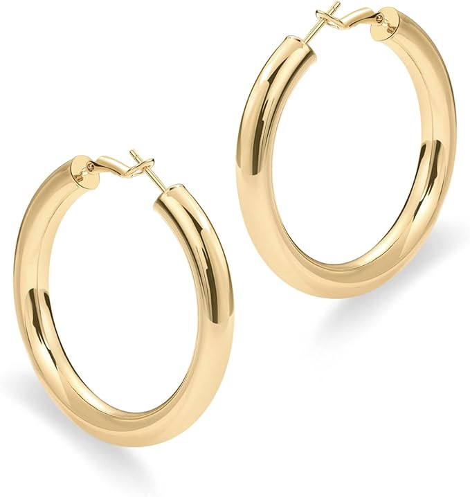 PAVOI 14K Gold Plated Sterling Silver Post Hoops | Lightweight Chunky Hoops Huggies | Thick Gold ... | Amazon (US)