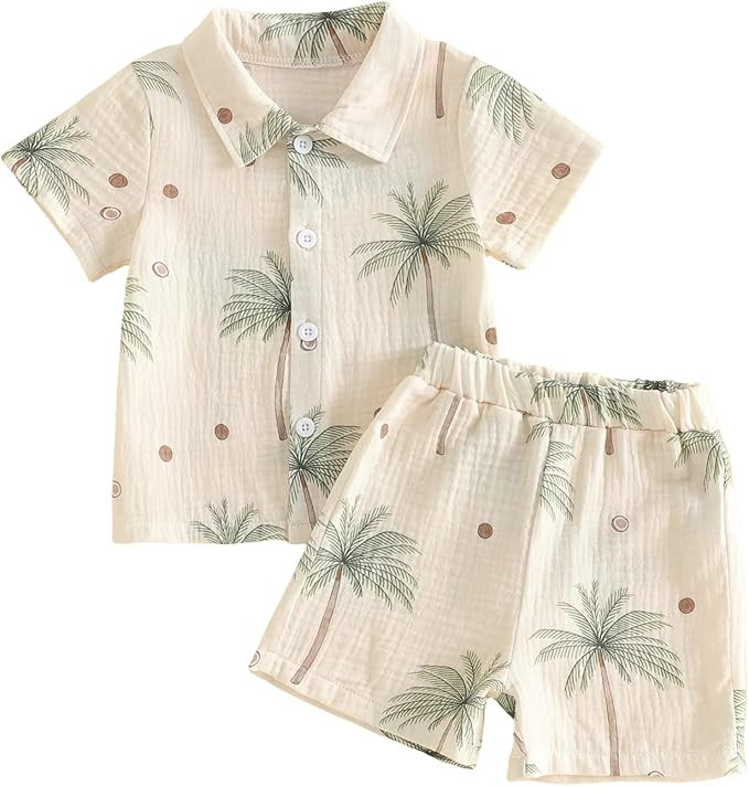Kupretty Toddler Baby Boy Clothes Linen Summer Outfits Tropical Vacation Dinosaur Button Up Short... | Amazon (US)