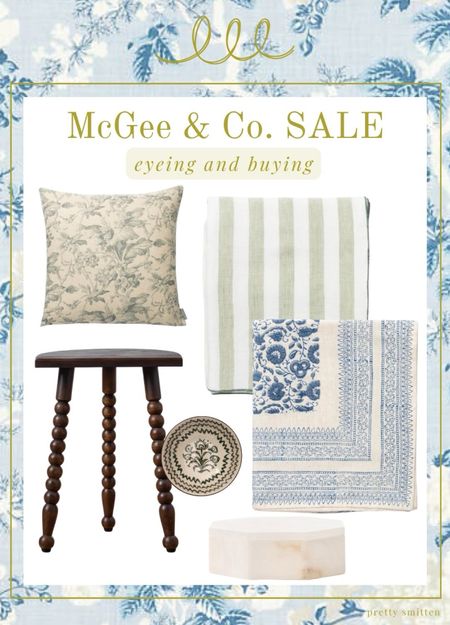 McGee and Co Memorial Day sale!! Toile pillows (we have these in our primary bedroom), stripe tablecloth, block print table cloth, spindle wood side table stool

#LTKSaleAlert #LTKHome