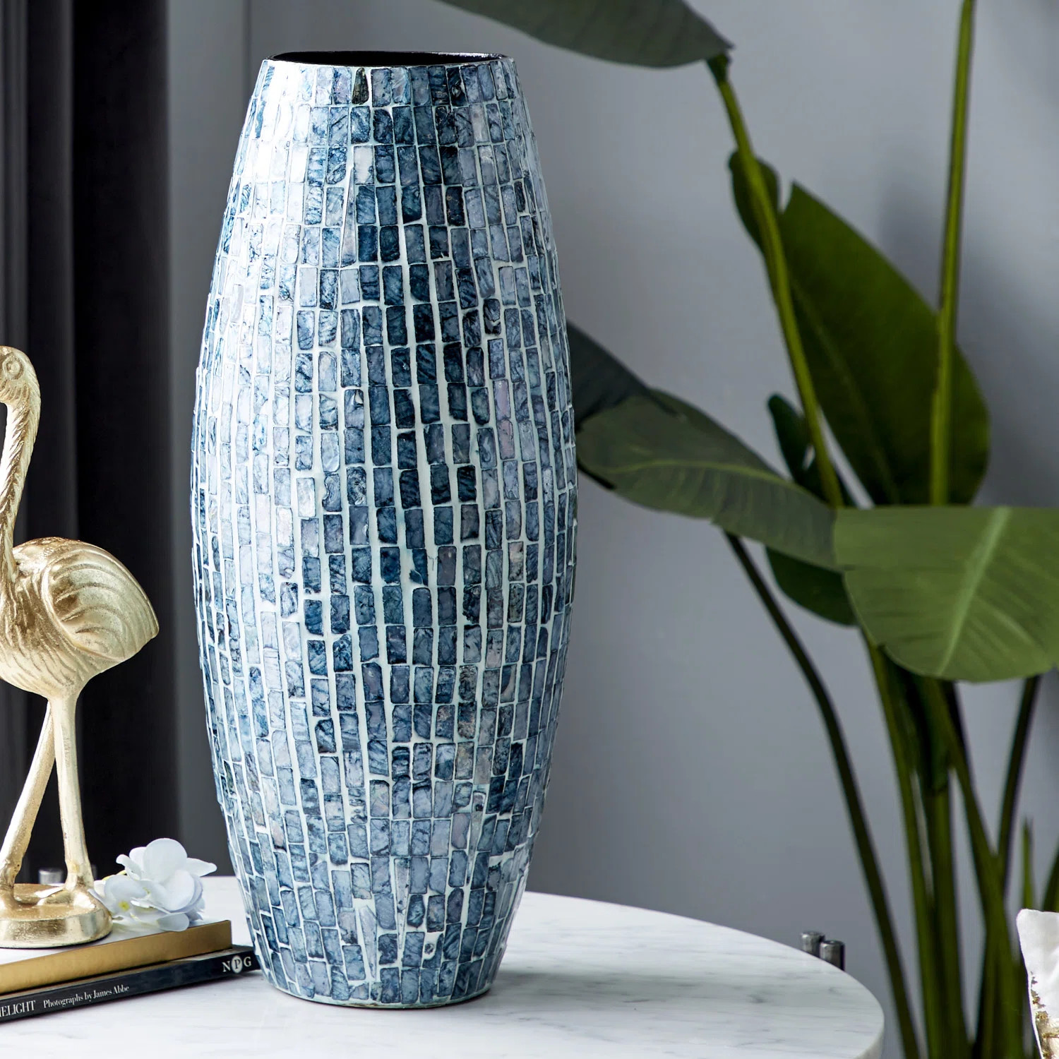 Corneisha Blue Mother of Pearl Shell Handmade Mosaic Inspired Decorative Blue Vase | Wayfair North America
