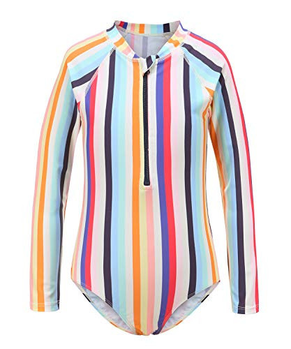 HowJoJo Girls One Piece Bathing Suits Long Sleeve Zipper Swimsuits Stripes UPF 50+ Rash Guard Swimwear Size 8 | Amazon (US)