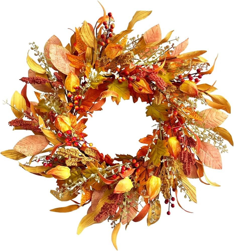SASUKA Artificial Fall Wreath for Front Door, 21 "Autumn Outside Wreath, Handmade Silk Wreath wit... | Amazon (US)
