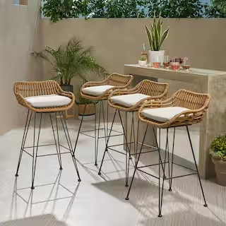 Dale 38 in. Light Brown Outdoor Patio Bar Stool with Beige Cushions (Set of 4) | The Home Depot