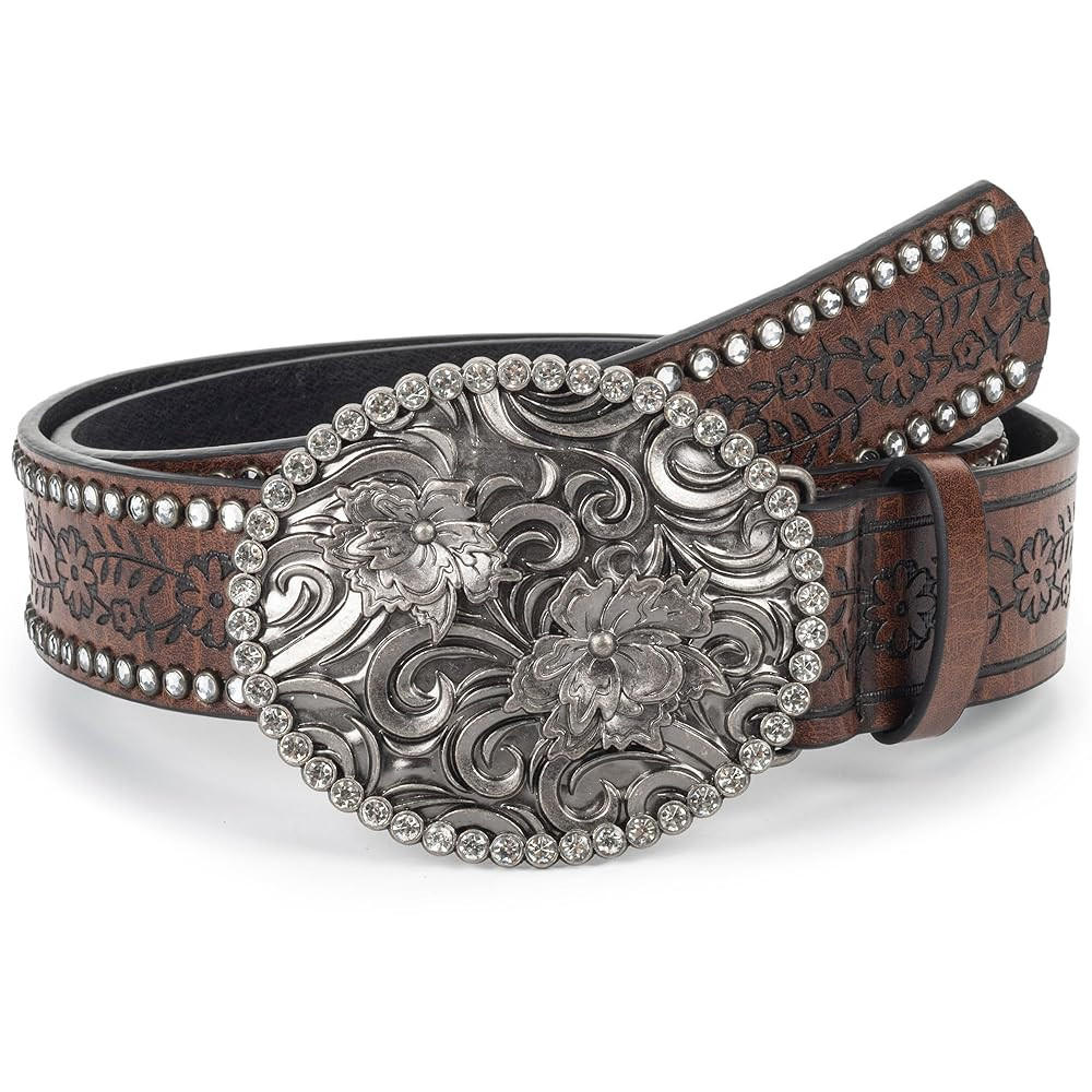 Rhinestone Western Cowboy Belts for Women, PU-Leather Brown Floral Embossed Vintage Carved Cowgir... | Amazon (US)