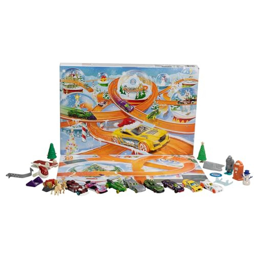 Hot Wheels Toy Cars, 2024 Advent Calendar, 8 1:64 Scale Cars, 16 Winter-Themed Accessories Behind 24 Numbered Doors & a Playmat | Amazon (US)