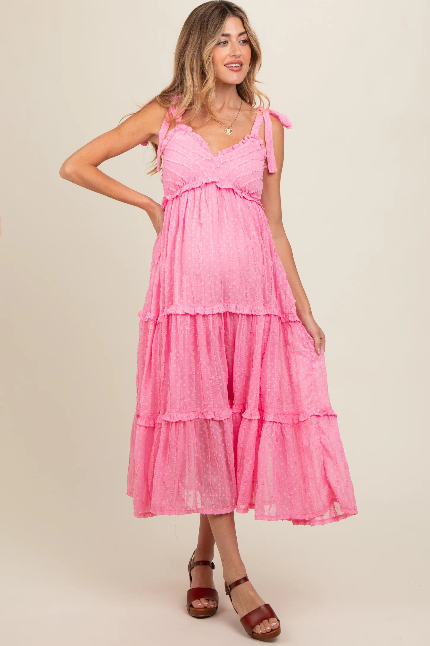 Pink Textured Tie Strap Tiered Maternity Midi Dress | PinkBlush Maternity