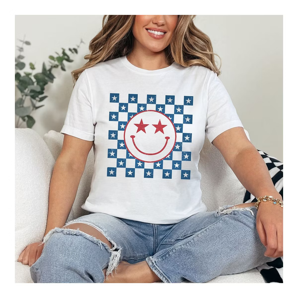 Simply Sage Market Women's Patriotic Smiley Stars Short Sleeve Graphic Tee | Target