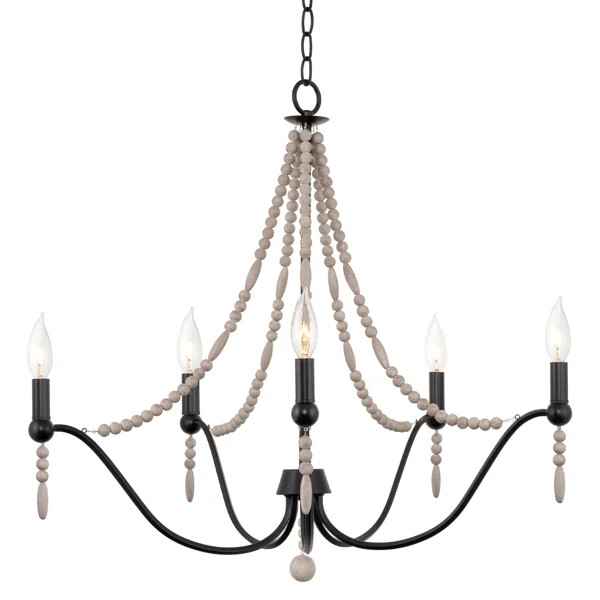 28" Boho Chic 5-Light Wood Beaded Chandelier, Black + Antique White Finish | Wayfair North America