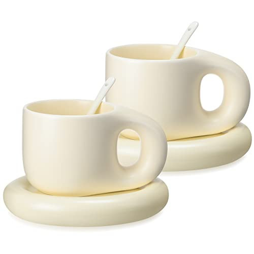 Lallisa 2 Pieces 13.5 oz Ceramic Coffee Mug Cute Fat Handle Cup with 2 Pcs Matching Saucer and 2 Pcs Spoons Espresso Chubby Mug for Milk Latte Tea Cafe, Dishwasher and Microwave Safe (Beige) | Amazon (US)