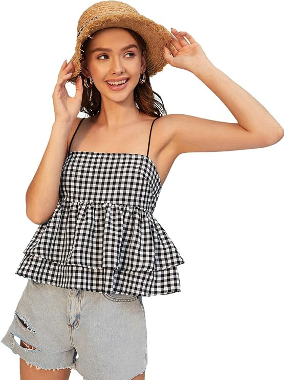 SheIn Women's Plaid Sleeveless Strappy Cami Tops Tiered Layer Ruffle Hem Camisole | Amazon (US)