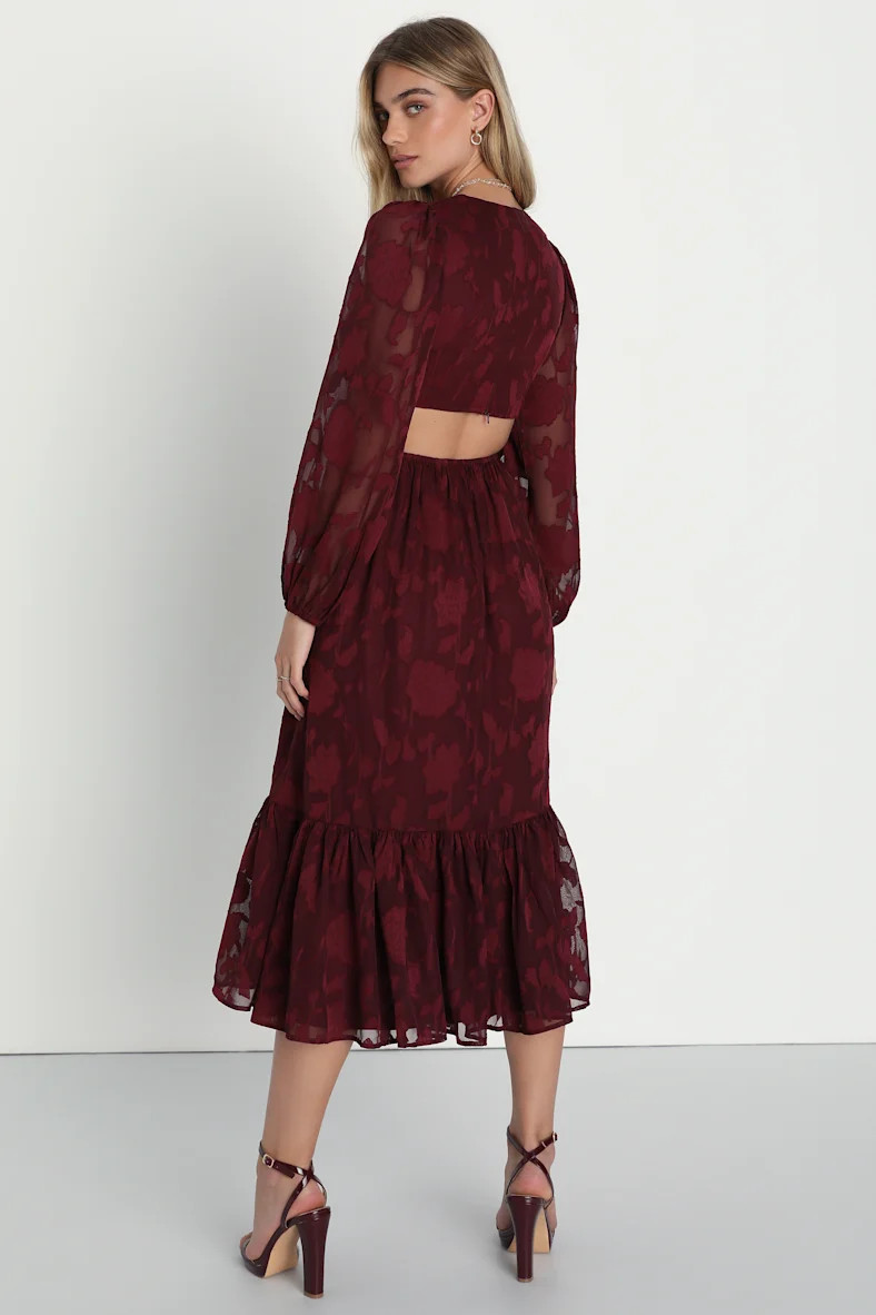 Desired Aesthetic Wine Red Floral Burnout Long Sleeve Midi Dress | Lulus (US)