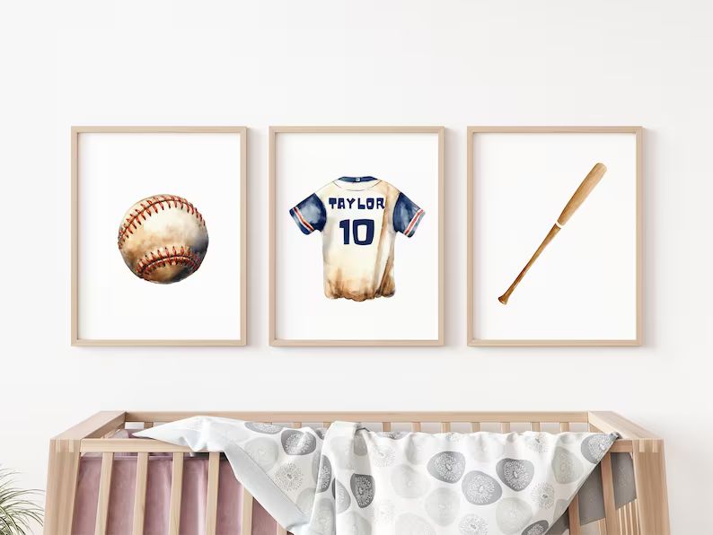 Personalized Watercolor Baseball Jersey and Bat Art Print Set - Etsy | Etsy (US)