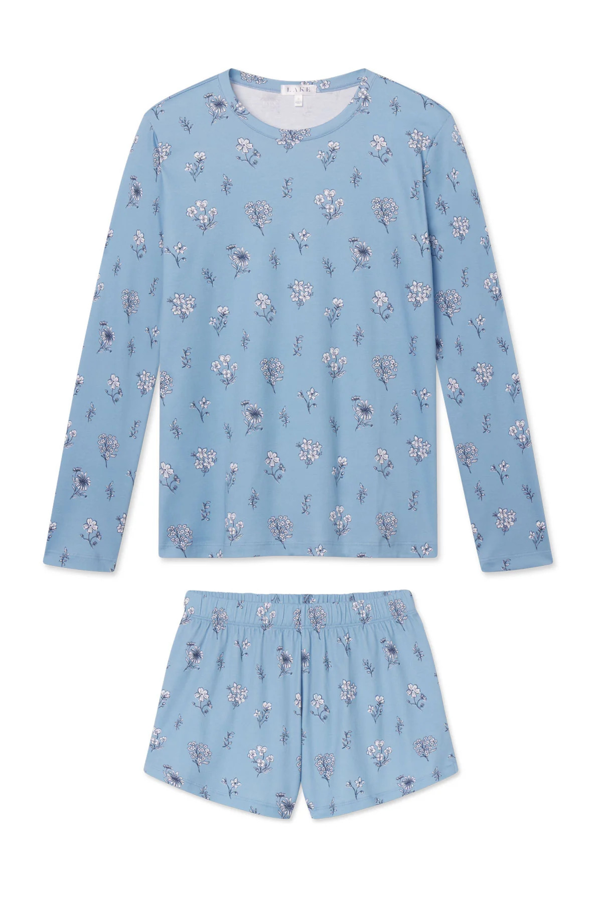 Pima Crew Long-Short Set in Serene Blue Adeline Floral | Lake Pajamas