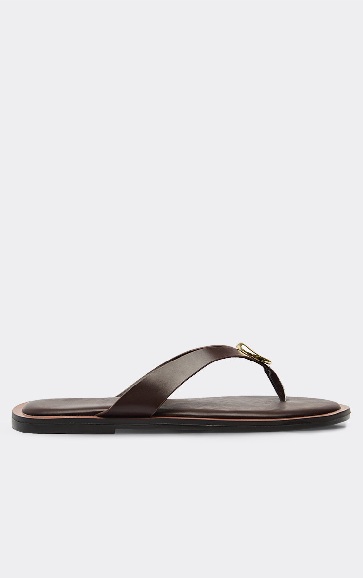 Marda Thong Strap Trim Detail Flat Slider Sandal In Brown Faux Leather. | EGO (UK)