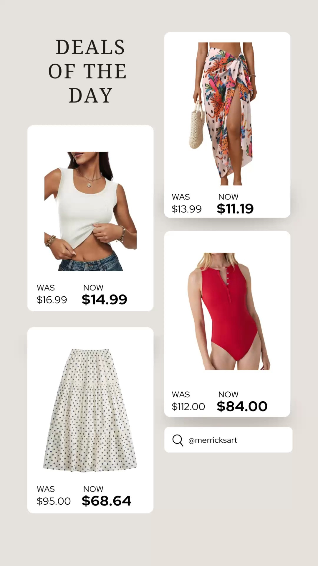Deals of the day! A tank that works with the new LDS sleeveless G’s, a darling sarong for summer, a cute tiered skirt, and my favorite red swimsuit!!