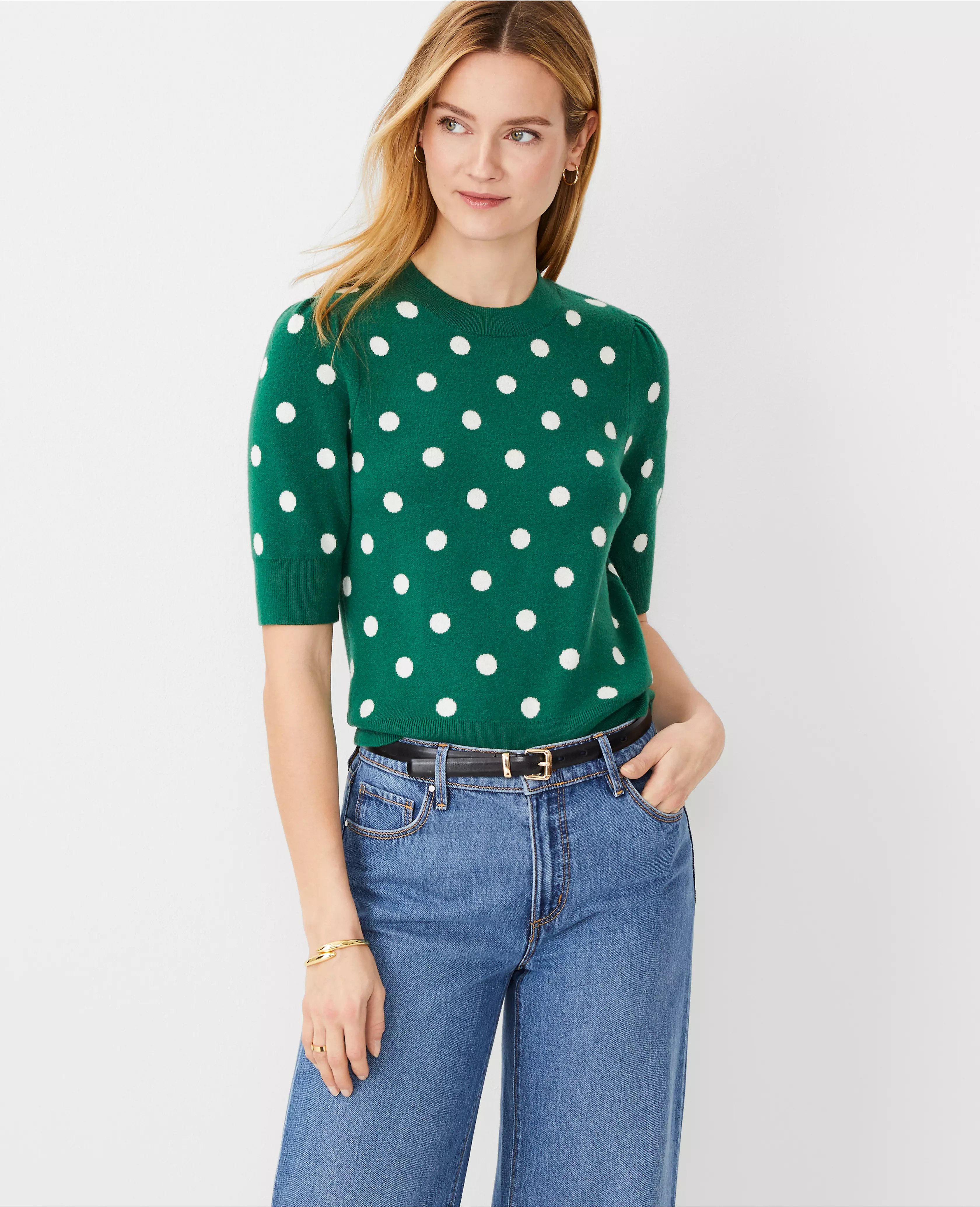 Dot Jacquard Puff Sleeve Sweater | Ann Taylor (US)