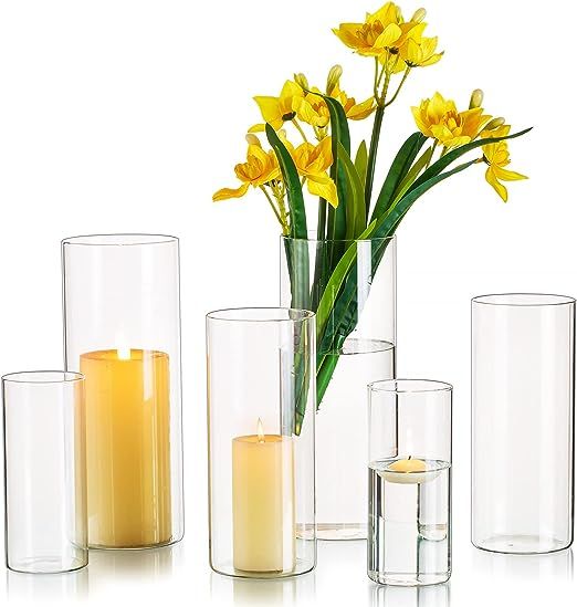 Glass Cylinder Vases Set of 6, Hewory Tall Clear Vase for Centerpieces, Glass Candle Holders for ... | Amazon (US)