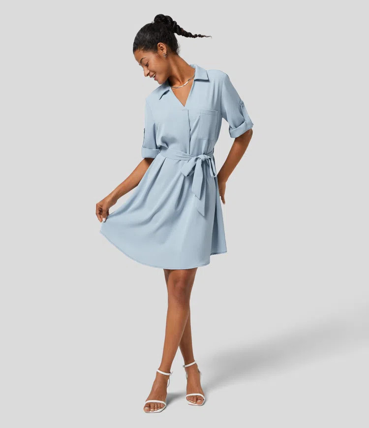 Women’s Collared Roll Up Sleeve Belted Relaxed Work Shirt Dress - Halara | HALARA