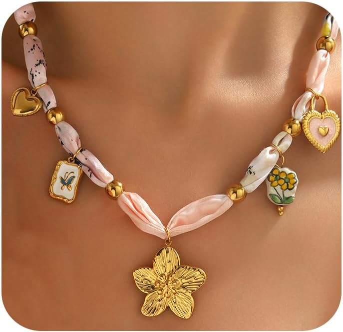 18K Gold Plated Silk Scarf Necklace for Women, Bandana Necklace with Stainless Steel Charms Choke... | Amazon (US)