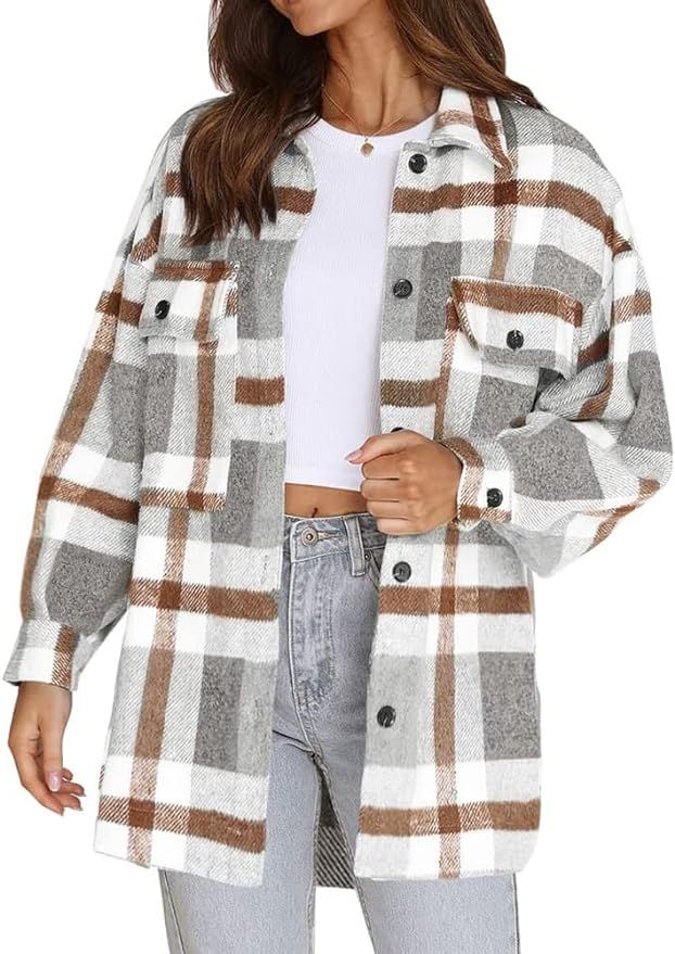 Beaully Women's Flannel Plaid Shacket Long Sleeve Button Down Chest Pocketed Shirts Jacket Coats | Amazon (US)