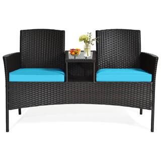 3-Piece Rattan Wicker Patio Conversation Set with Loveseat Table and Turquoise Cushions | The Home Depot