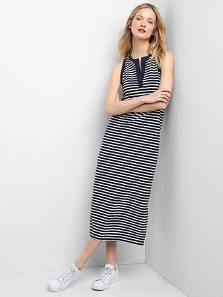Gap Women Sleeveless Split Neck Maxi Dress Size L Tall - Blue stripe | Gap US