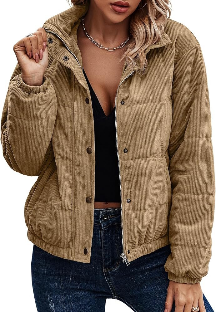 Angashion Women's Bomber Jacket Corduroy Ribbed Quilted Zip Up Long Sleeve Winter Coat Fall Outer... | Amazon (US)