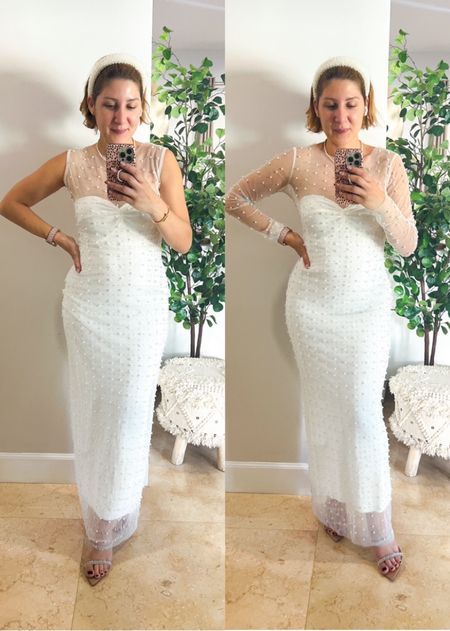 Amazon viral dress: Pearl & rhinestone mesh with knit strapless dress
