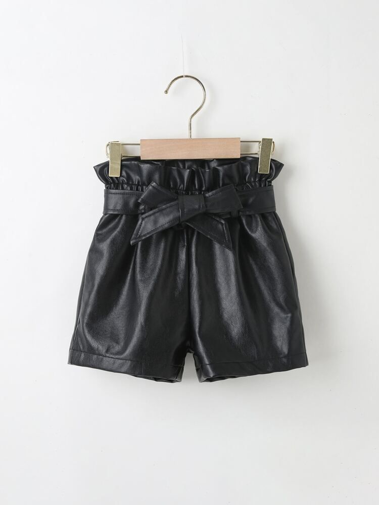 Toddler Girls PU Leather Belted Paper Bag Waist Shorts | SHEIN