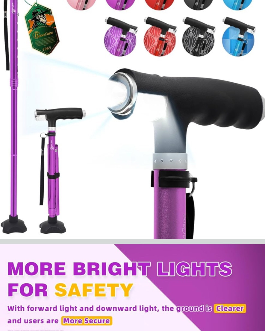 BeneCane Walking Cane for Women Folding Cane for Men with Two Led Lights Quad Cane with Stable Base Lightweight and Adjustable Walking Stick

#LTKstorytime #LTKgrwm #LTKActive