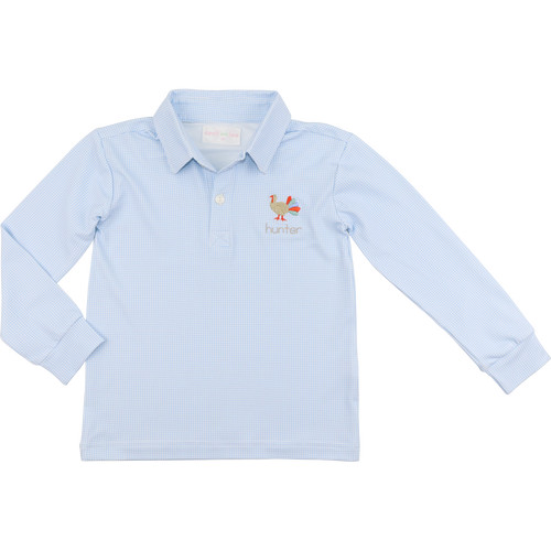 Blue Knit Gingham Embroidered Turkey Polo | Cecil and Lou