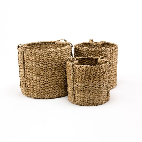 Afton Seagrass Round Braided Storage Basket with Handle, Set of 3 | Bellacor