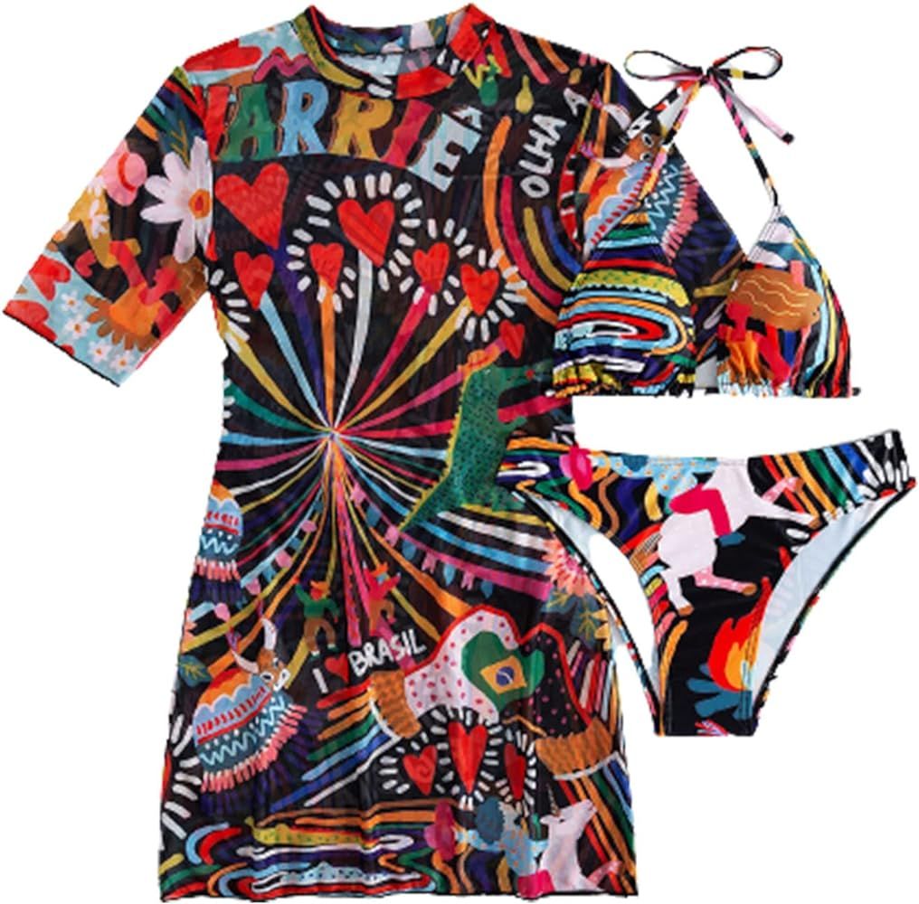 Romwe Women's Graphic Print Triangle Bikini Set 3 Piece Swimsuit with Cover Up | Amazon (US)