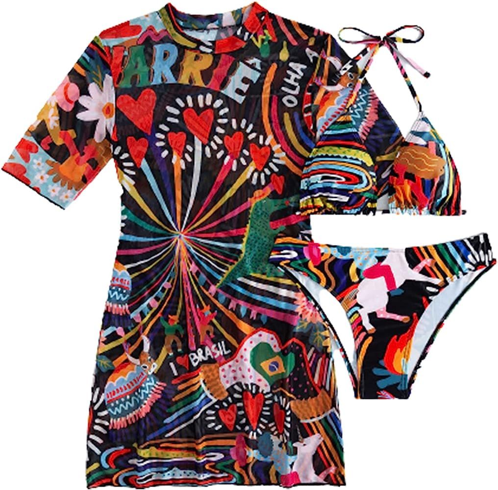 Romwe Women's Graphic Print Triangle Bikini Set 3 Piece Swimsuit with Cover Up | Amazon (US)