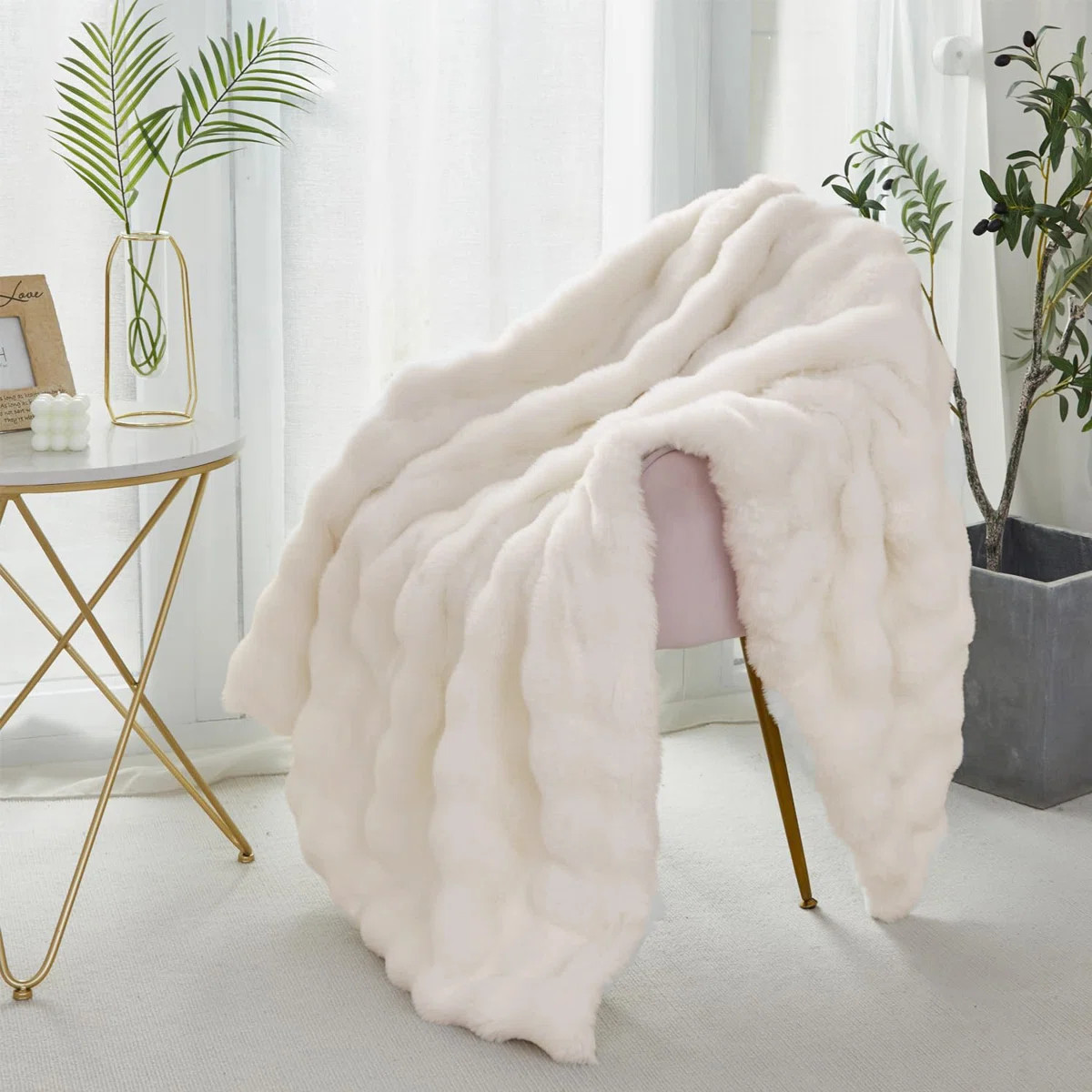 Extra Soft Fuzzy Faux Fur Throw Blanket, Thick Warm Bubble Throw For Bed Couch Sofa Faux Rabbit F... | Wayfair North America