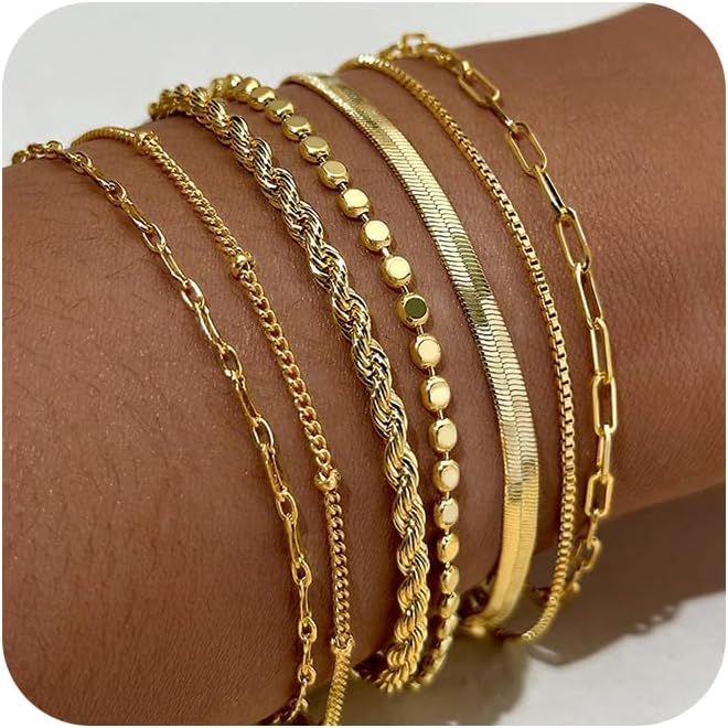 Gold Bracelets for Women,Dainty 14K Gold Plated Stack Set Trendy Stackable non tarnish Paperclip ... | Amazon (US)